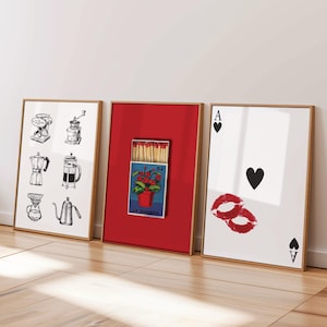 Trendy Print Set of 3, Ace of Hearts Poster Set, Matchbox Print, Espresso Poster, Vintage Wall Art Prints, Overt The Bed Art, Digital Print