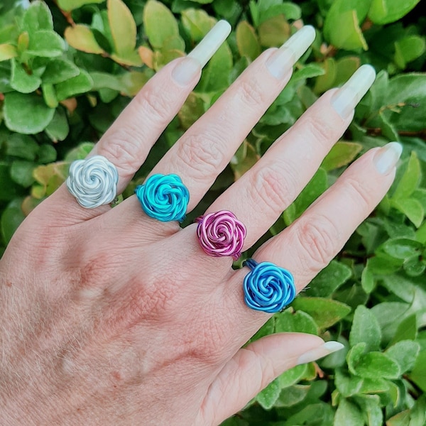 Wire Wrapped Women's Large Swirl Flower Rose Ring Non-Tarnish Rosette Aluminum Ring Silver Pink Blue Sizes 4-12