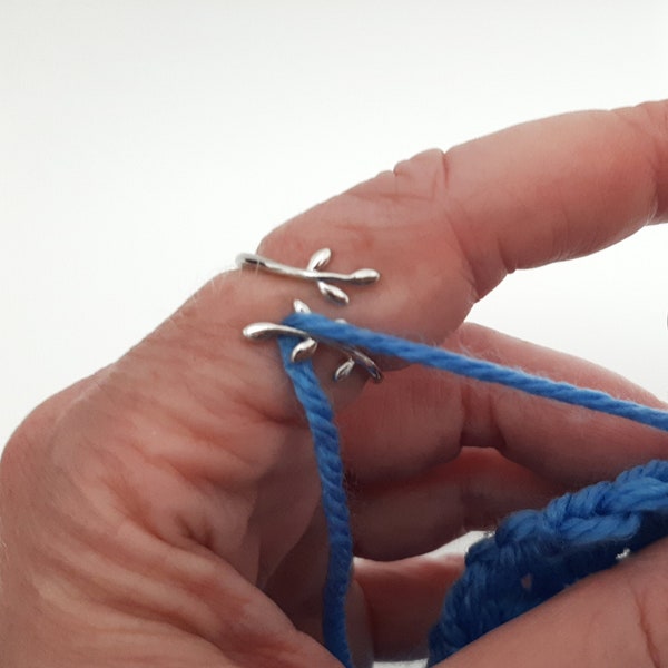 Sterling Silver Yarn Ring Vine Tree Branch Leaves | Adjustable Size Crochet Ring | Beginner Knitting Gift | Tension Regulator Tool