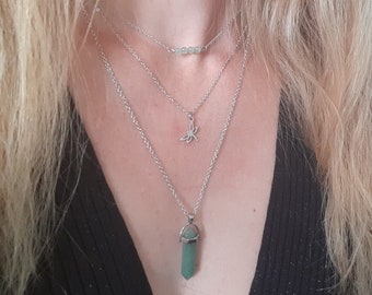 Natural Green Aventurine Layered Stainless Steel Necklaces Gemstone Bar Choker Necklace, Charm Necklace, Natural Stone Pillar Necklace