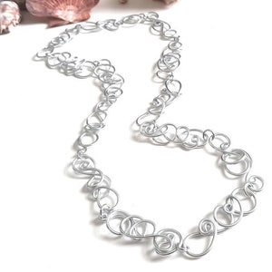 Swirly Wire Wrap 32" Long Necklace/Silver Non-Tarnish Aluminum Wire/Artistic Freeform Design/Long Silver Necklace/Silver Statement Necklace