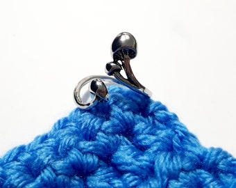 Silver Yarn Ring Mushrooms | Adjustable Size Crochet Ring | Beginner Knitting Crocheting Gift | Crochet Tension Regulator Tool