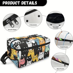 May include: A rectangular storage bag featuring a colorful cat pattern with black, white, orange, and blue feline faces. The bag includes a smooth zipper, eight metal grommets, two interior pockets, and both front and back zippered storage pockets.