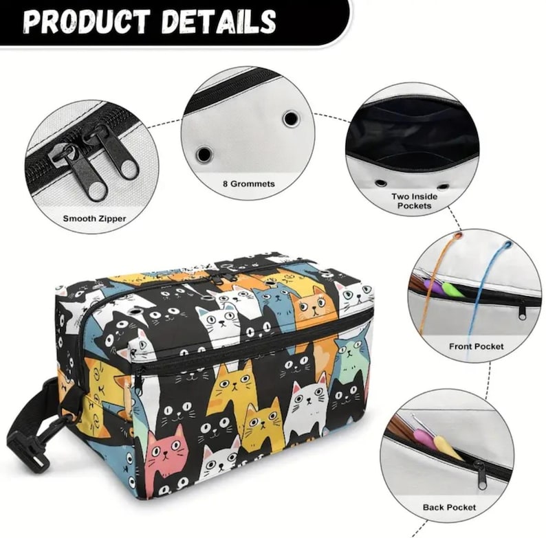 May include: A rectangular storage bag featuring a colorful cat pattern with black, white, orange, and blue feline faces. The bag includes a smooth zipper, eight metal grommets, two interior pockets, and both front and back zippered storage pockets.