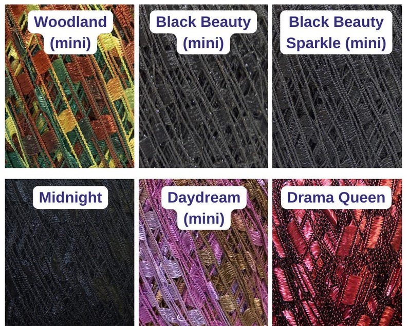 Puede incluir: Primer plano de seis hilos de diferentes colores. Los colores incluyen Woodland, Black Beauty, Black Beauty Sparkle, Midnight, Daydream y Drama Queen. Cada hilo est&aacute; etiquetado con su nombre y la palabra "mini".
