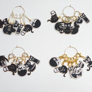 Funny Black Cat Stitch Markers Set of 6 Kitty Cats in bowls Knitting Crochet Stitch Marker Progress Keepers Stitch Counter Place Marker image 7