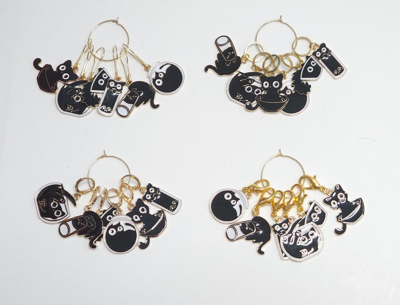 Funny Black Cat Stitch Markers Set of 6 Kitty Cats in bowls Knitting Crochet Stitch Marker Progress Keepers Stitch Counter Place Marker image 7