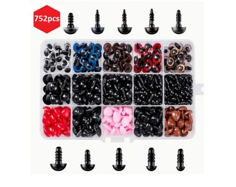 752pc Black Safety Eyes and Noses Set with backs in Storage Case Plastic Screw Eyes Amigurumi Stuffed Animals Crochet Knit Plush Toys