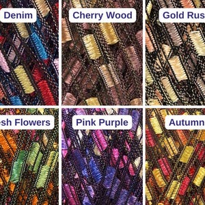 Puede incluir: Se muestran seis muestras de tela con diferentes combinaciones de colores. Las muestras est&aacute;n etiquetadas como "Denim", "Cherry Wood", "Gold Rush", "Fresh Flowers", "Pink Purple" y "Autumn". Cada muestra tiene un dise&ntilde;o de tejido abierto y texturizado.