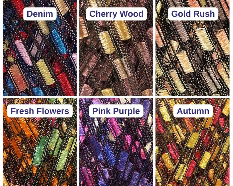 Puede incluir: Se muestran seis muestras de tela con diferentes combinaciones de colores. Las muestras est&aacute;n etiquetadas como "Denim", "Cherry Wood", "Gold Rush", "Fresh Flowers", "Pink Purple" y "Autumn". Cada muestra tiene un dise&ntilde;o de tejido abierto y texturizado.