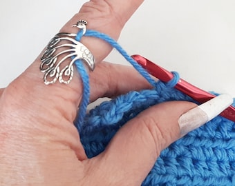 Sterling Silver Yarn Ring Fancy Peacock | Adjustable Size Crochet Ring | Beginner Knitting Crocheting Gift | Crochet Tension Regulator Tool