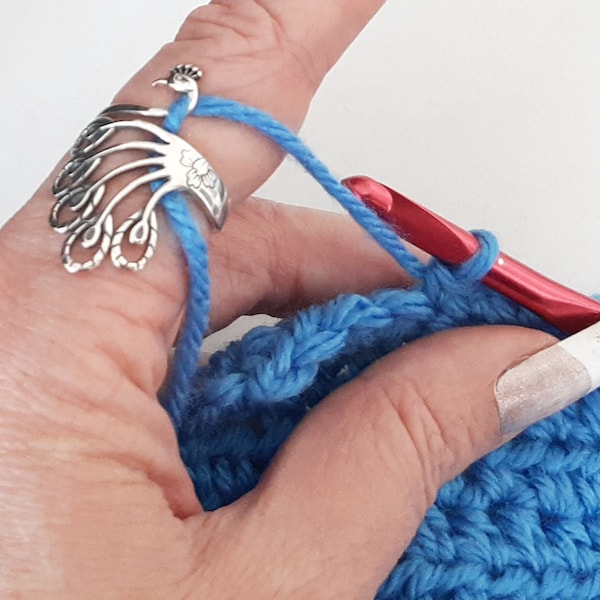 Sterling Silver Yarn Ring Fancy Peacock | Adjustable Size Crochet Ring | Beginner Knitting Crocheting Gift | Crochet Tension Regulator Tool