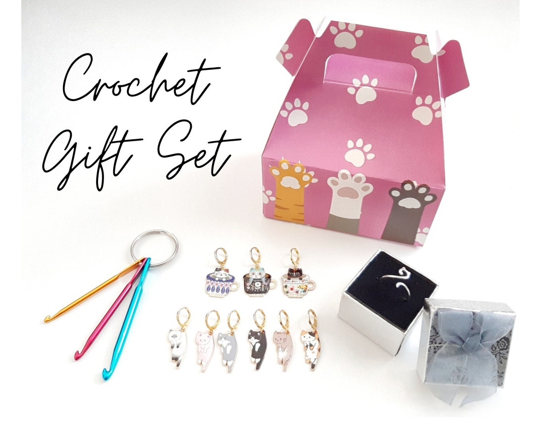 Crochet Gift Set Box Cat Kitty Stitch Markers Cat Ears Yarn Ring Mini