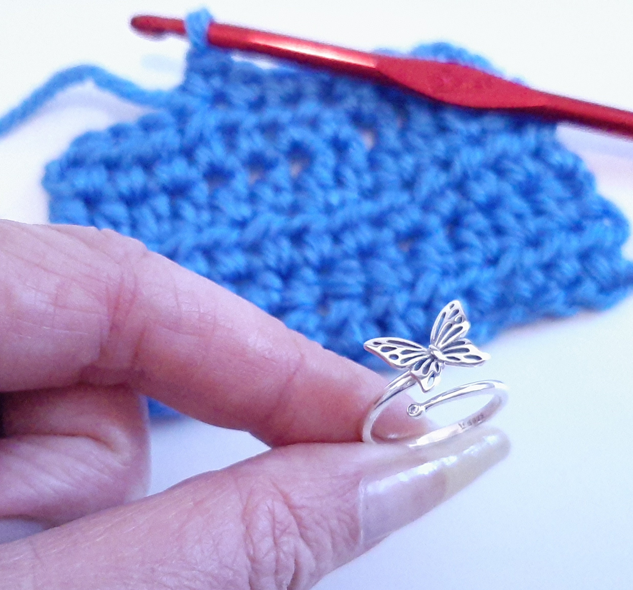 Sterling Silver Yarn Guide Ring Butterfly Adjustable Size Crochet