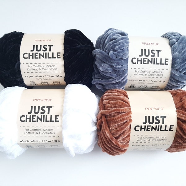 Premier Just Chenille Yarn 65yd, 1.76oz Soft Velvety Soft Chunky Bulky Yarn Brown White Black Gray Pink Blue