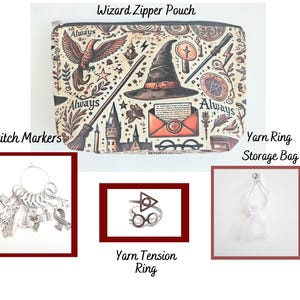 Crochet or Knitting Yarn Tension Ring and Stitch Marker Set Boy Wizard Theme with Zipper Pouch Bag HP Gift Set