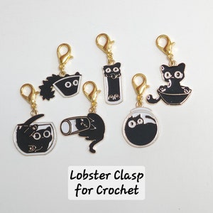 Funny Black Cat Stitch Markers Set of 6 Kitty Cats in bowls Knitting Crochet Stitch Marker Progress Keepers Stitch Counter Place Marker image 2