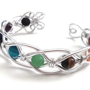 Natural Chakra Silver/Gold Celtic Wire Wrapped & Woven Cuff Bracelet Heart/Adjustable/Light Weight/Healing Stones/Birthday Bridesmaid Gift/