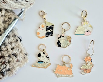 Reading Cats Stitch Markers Set of 6 Kitties with books Knitting Crochet Stitch Markers Progress Keepers Stitch Counter Place Marker