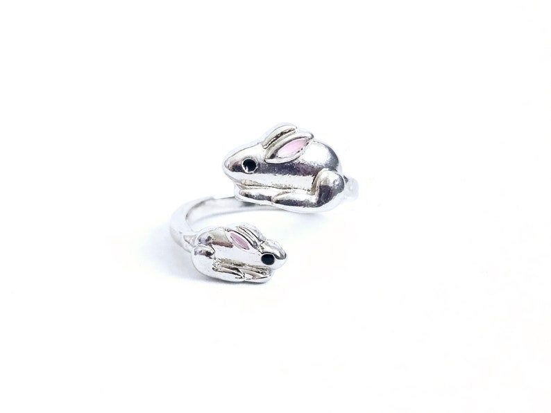 Ear Rabbit Ring Yarn Tension Ring Bunny Rabbits Silver With Pink Ears Adjustable Size 6 ...