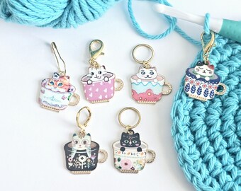 Funny Cats in Teacups Stitch Markers Set of 6 Tea Cup Kitty Cats Knitting Crochet Stitch Marker Progress Keepers Stitch Counter Place Marker