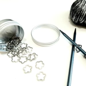 Flower Open Ring Knitting Stitch Markers 25pc Set | Stainless Steel | Seamless No Snag Progress Keepers | With Metal Storage Tin