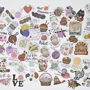 May include: A collection of colourful stickers with knitting-themed illustrations and text. The stickers feature phrases like "Knit Happens", "Knitting Makes Me Happy", and "Just One More Row".