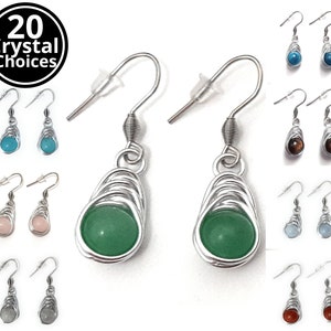 Natural Crystal Bead Wire Wrapped Small Simple Stone 20 Choices Elegant Herringbone Weave Drop Dangle Bead Earrings Stainless Steel Hooks