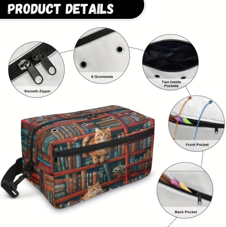 May include: A rectangular storage bag featuring a printed bookshelf pattern with orange cats. The bag includes a smooth zipper, eight metal grommets, two interior pockets, a front pocket, and a back pocket for organizing items like crochet hooks.