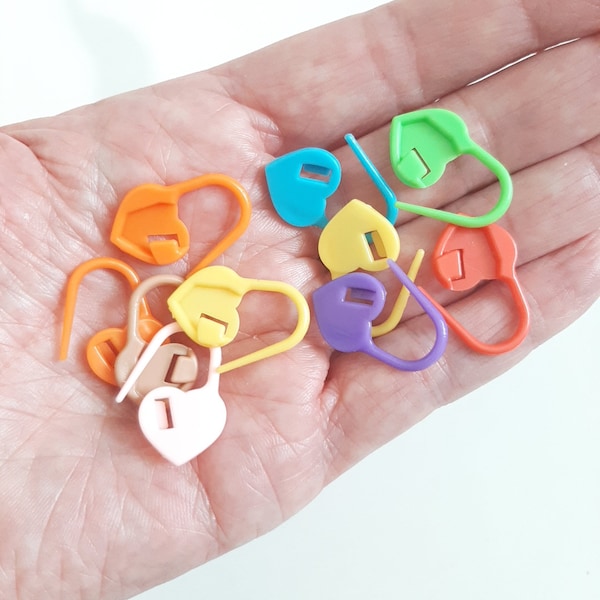 Heart Stitch Markers Set of 10, 25, 50 Random Color Plastic Crochet or Knitting Place Marker Yarn Keeper Accessories Locking Safety Pin