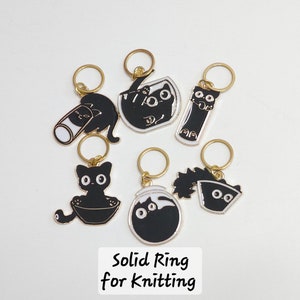 Funny Black Cat Stitch Markers Set of 6 Kitty Cats in bowls Knitting Crochet Stitch Marker Progress Keepers Stitch Counter Place Marker image 3