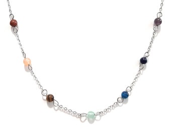 Natural Stone 7 Chakra Tiny Bead Connector Necklace Choker | Dainty Chain Rainbow Chakra Healing Crystals | Chakra Jewelry Gift for Women
