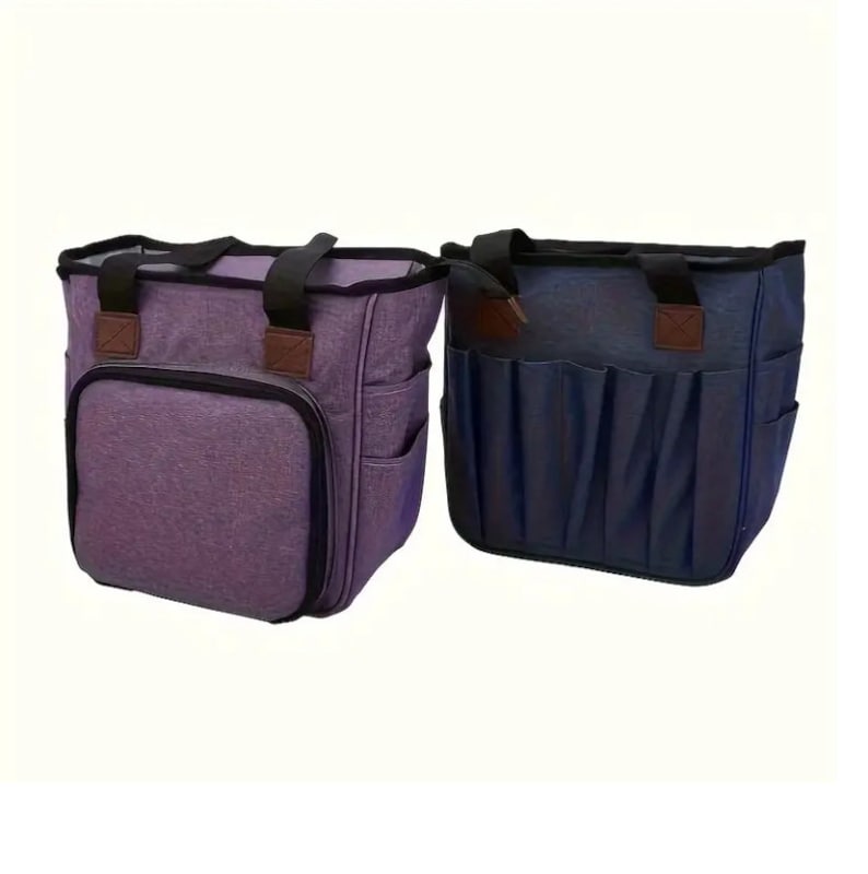 May include: Two tote bags, one purple and one blue, with multiple pockets and a top handle.