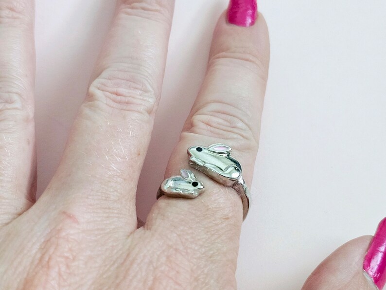 Ear Rabbit Ring Yarn Tension Ring Bunny Rabbits Silver With Pink Ears Adjustable Size 6 ...