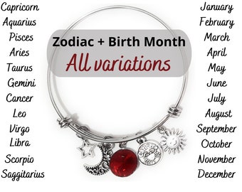 Zodiac Charm, Birth Month Crystal, Moon, Star, & Sun Charms Stainless Steel Expandable Bracelet ALL Months and Zodiacs 4 Bangle SIZES