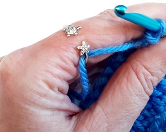 Gold or Silver Yarn Ring Starfish & Sea Turtle | Adjustable Size 6-9 Crochet Ring | Beginner Knitting Crochet Gift | Tension Regulator Tool