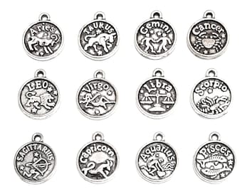 12 or 72 Antique Silver Zodiac Charms: 12mm Astrology Pendants