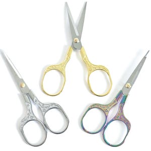 Sharp Yarn Scissors Designer Vintage Look Thread Trimmer Gold, Rose Gold, Silver, or Rainbow Yarn Cutters Antique Floral Decor Scissors