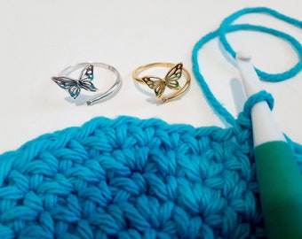 Sterling Silver Yarn Guide Ring Butterfly | Adjustable Size Crochet Ring | Beginner Knitting Crocheting Gift| Crochet Tension Regulator Tool