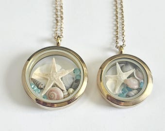 Beach Floating Charm Locket, Starfish Seashells, Coastal Jewelry