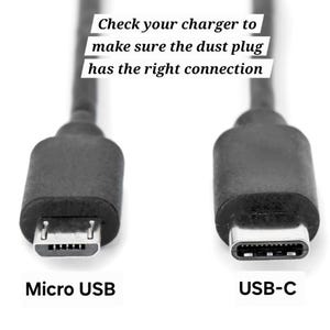May include: Close-up of two different types of USB connectors: Micro USB and USB-C. The text "Check your charger to make sure the dust plug has the right connection" is displayed above the connectors.