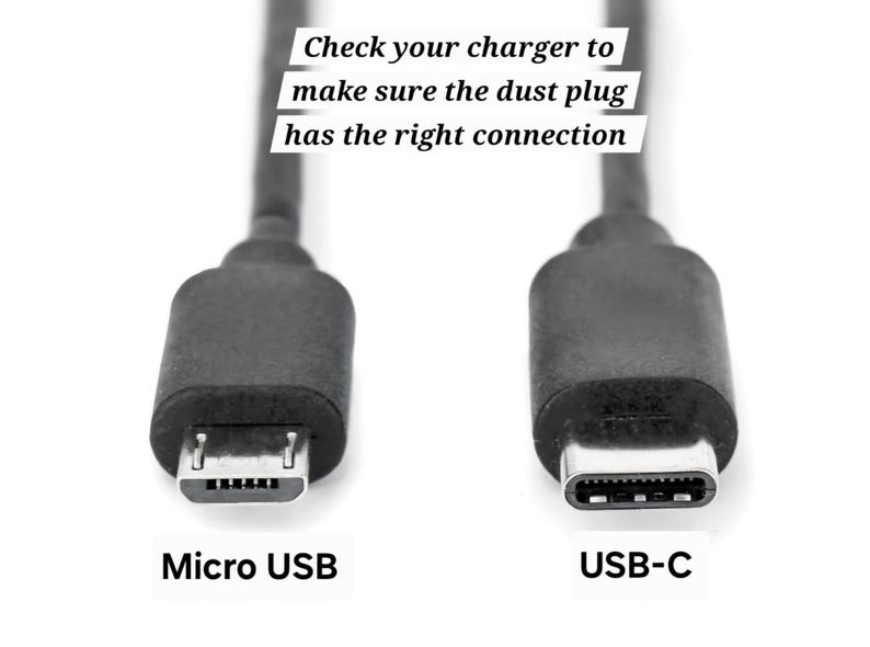 May include: Close-up of two different types of USB connectors: Micro USB and USB-C. The text "Check your charger to make sure the dust plug has the right connection" is displayed above the connectors.
