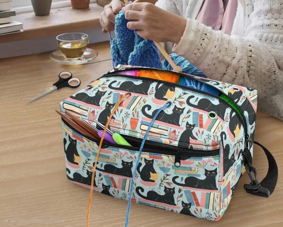 Cat Yarn & Hook Storage Tote Bag Crochet Supplies Knitter Project Bag Yarn Organization Craft Bag Crochet Gift for Knitting Yarn Tote Bag
