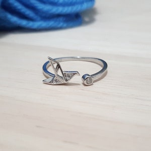 Sterling Silver Yarn Ring Paper Crane Adjustable Size Crochet Ring Origami Bird Beginner Knit Crochet Gift Yarn Tension Guide Regulator Tool image 1