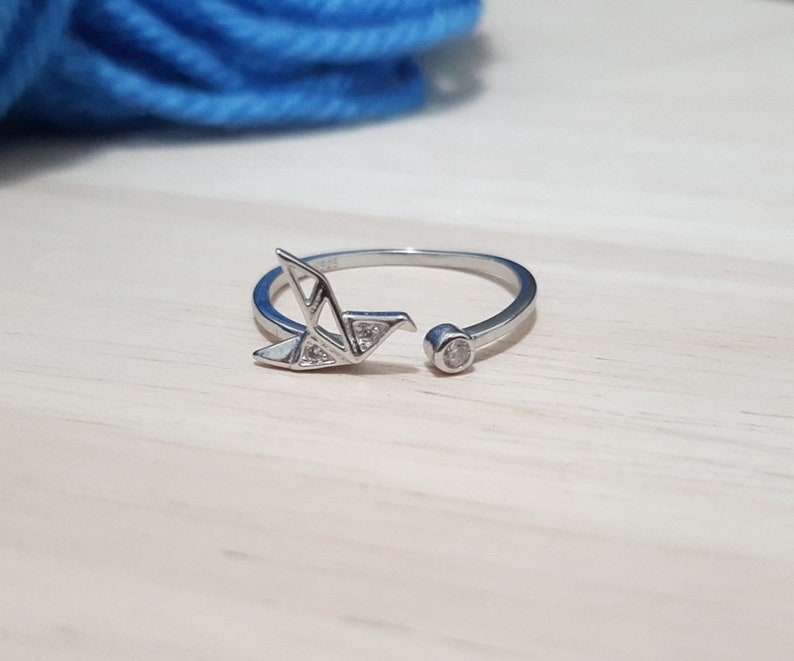 Sterling Silver Yarn Ring Paper Crane Adjustable Size Crochet Ring Origami Bird Beginner Knit Crochet Gift Yarn Tension Guide Regulator Tool image 1