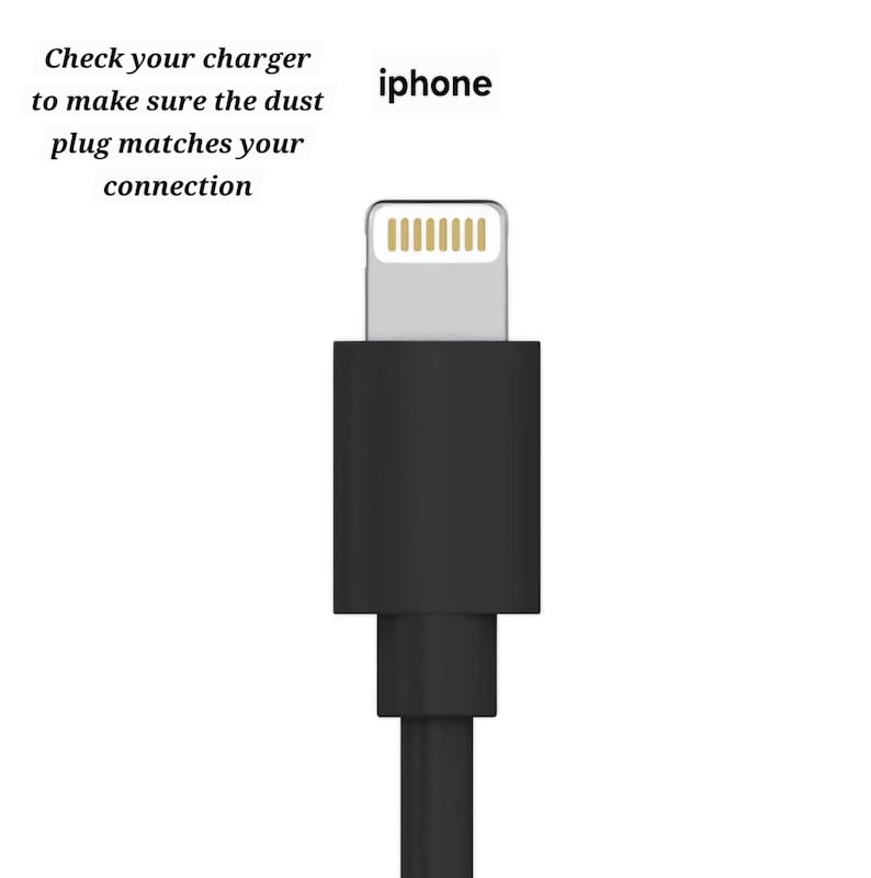 May include: Close-up of a black iPhone charging cable with a white Lightning connector. The text "iphone" is visible above the connector.