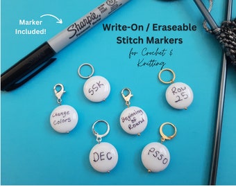 Write-On Eraseable Stitch Markers for Crocheting & Knitting | 8 Progress Keepers, 1 Marker Pen | Choose Gold, Silver, Attachment Type