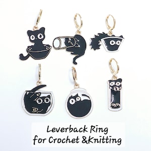 Funny Black Cat Stitch Markers Set of 6 Kitty Cats in bowls Knitting Crochet Stitch Marker Progress Keepers Stitch Counter Place Marker image 5