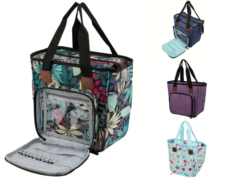 May include: Three different styles of yarn tote bags. The first bag is black with a floral print, the second bag is purple, and the third bag is blue with a red and white pattern.
