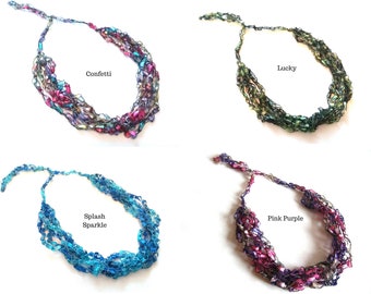 10 COLOR Choices - Crochet TRELLIS LADDER Ribbon Railroad Yarn Adjustable Necklace Looks like Beads
